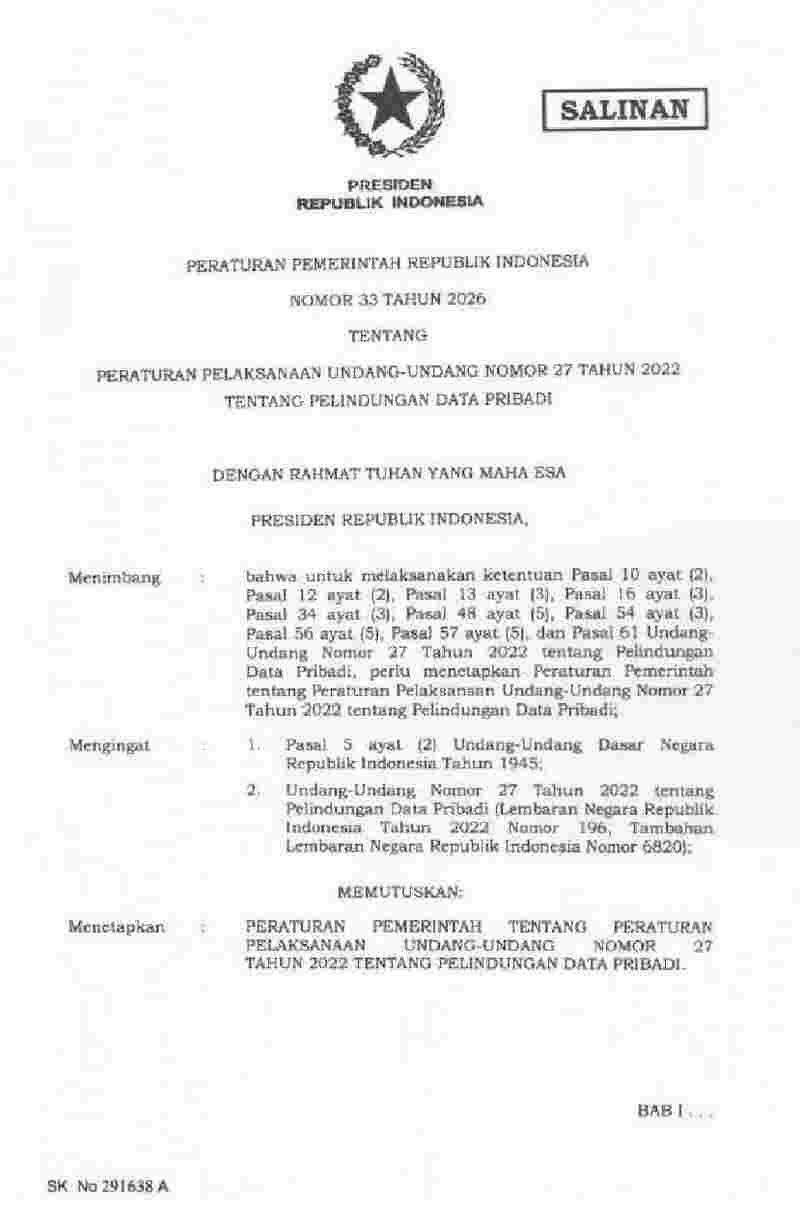 Peraturan Pemerintah No 33 tahun 2026 tentang Peraturan Pelaksanaan Undang-Undang Nomor 27 Tahun 2022 tentang Pelindungan Data Pribadi