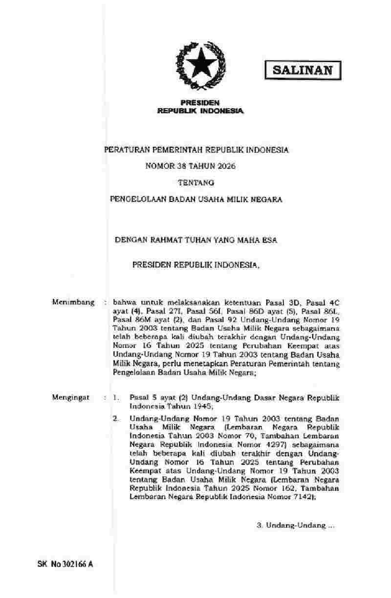 Peraturan Pemerintah No 38 tahun 2026 tentang Pengelolaan Badan Usaha Milik Negara