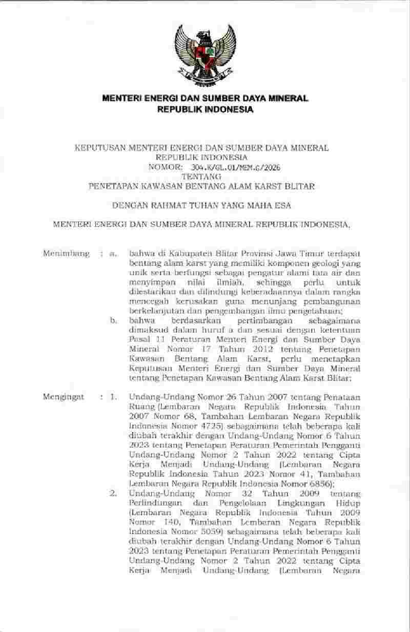 Keputusan Menteri Energi dan Sumber Daya Mineral No 304.K/GL.01/MEM.G/2026 tahun 2026 tentang Penetapan Bentang Alam Karst Blitar