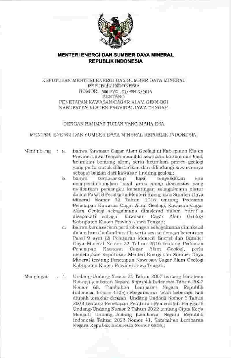 Keputusan Menteri Energi dan Sumber Daya Mineral No 306.K/GL.01/MEM.G/2026 tahun 2026 tentang Penetapan Kawasan Cagar Alam Geologi Kabupaten Klaten Provinsi Jawa Tengah