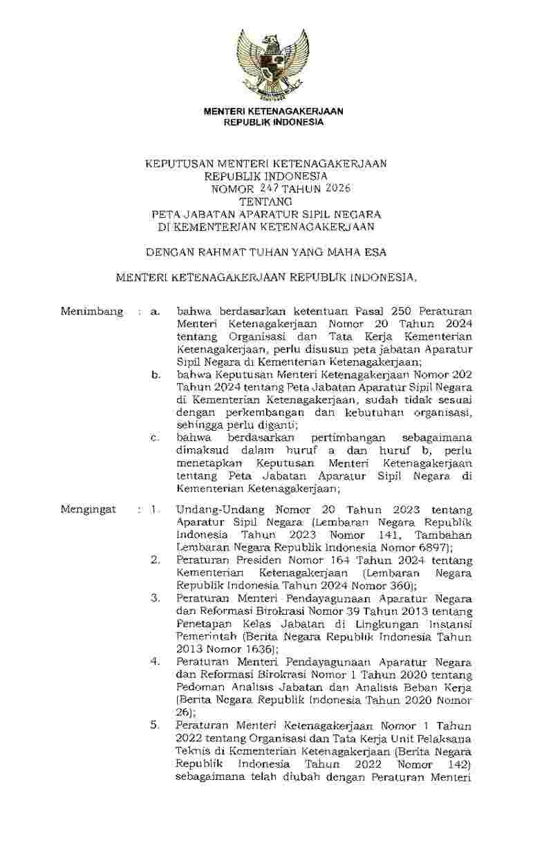Keputusan Menteri Ketenagakerjaan No 247 tahun 2026 tentang Peta Jabatan Aparatur Sipil Negara di Kementerian Ketenagakerjaan