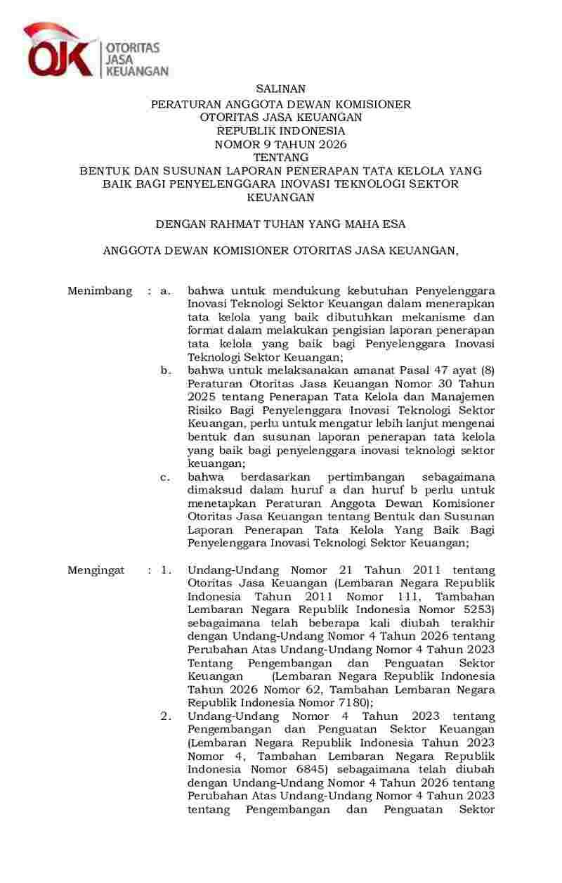 Peraturan Anggota Dewan Komisioner Otoritas Jasa Keuangan No 9 tahun 2026 tentang Bentuk dan Susunan Laporan Penerapan Tata Kelola yang Baik bagi Penyelenggara Inovasi Teknologi Sektor Keuangan