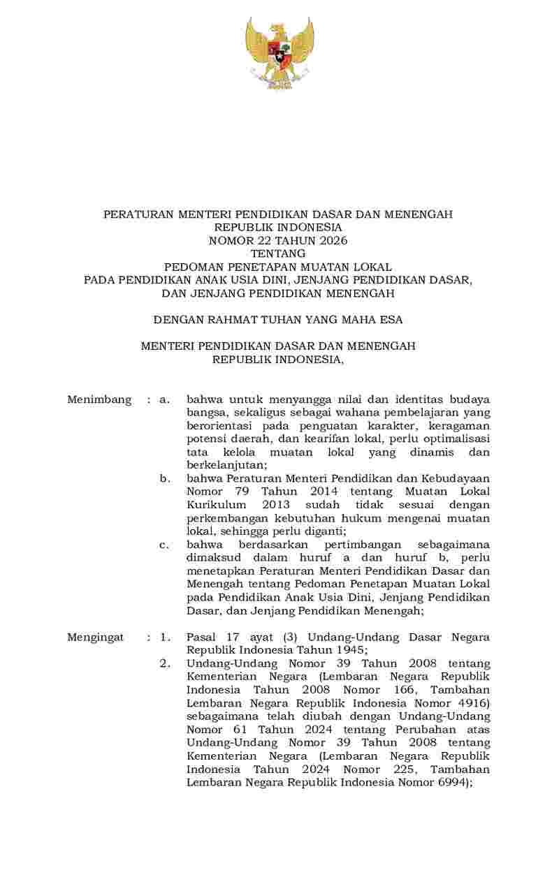 Peraturan Menteri Pendidikan Dasar dan Menengah No 22 tahun 2026 tentang Pedoman Penetapan Muatan Lokal pada Pendidikan Anak Usia di ni, Jenjang Pendidikan Dasar, dan Jenjang Pendidikan Menengah