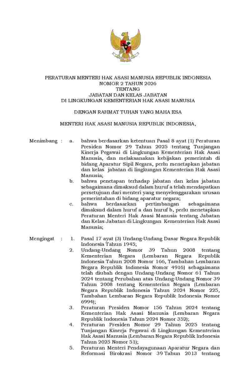 Peraturan Menteri Hak Asasi Manusia No 2 tahun 2026 tentang Jabatan dan Kelas Jabatan di  Lingkungan Kementerian Hak Asasi Manusia