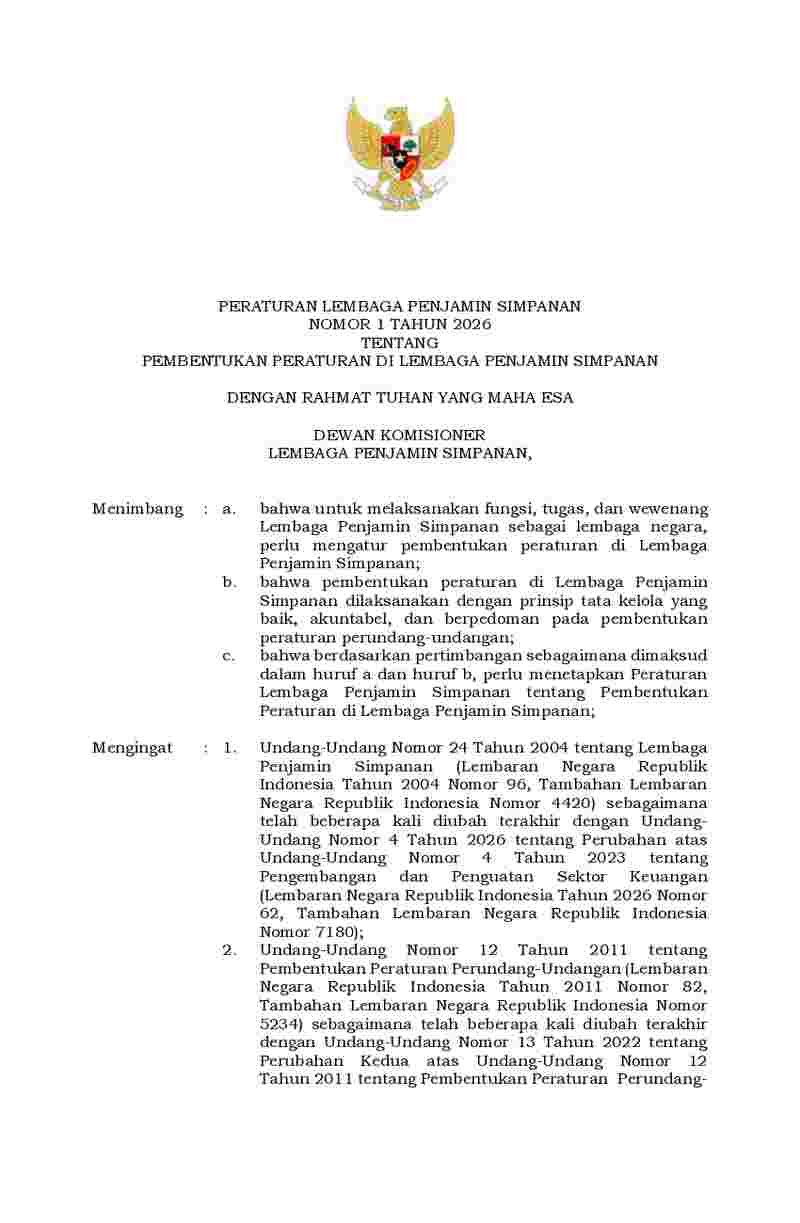 Peraturan Lembaga Penjamin Simpanan No 1 tahun 2026 tentang Pembentukan Peraturan di  Lembaga Penjamin Simpanan