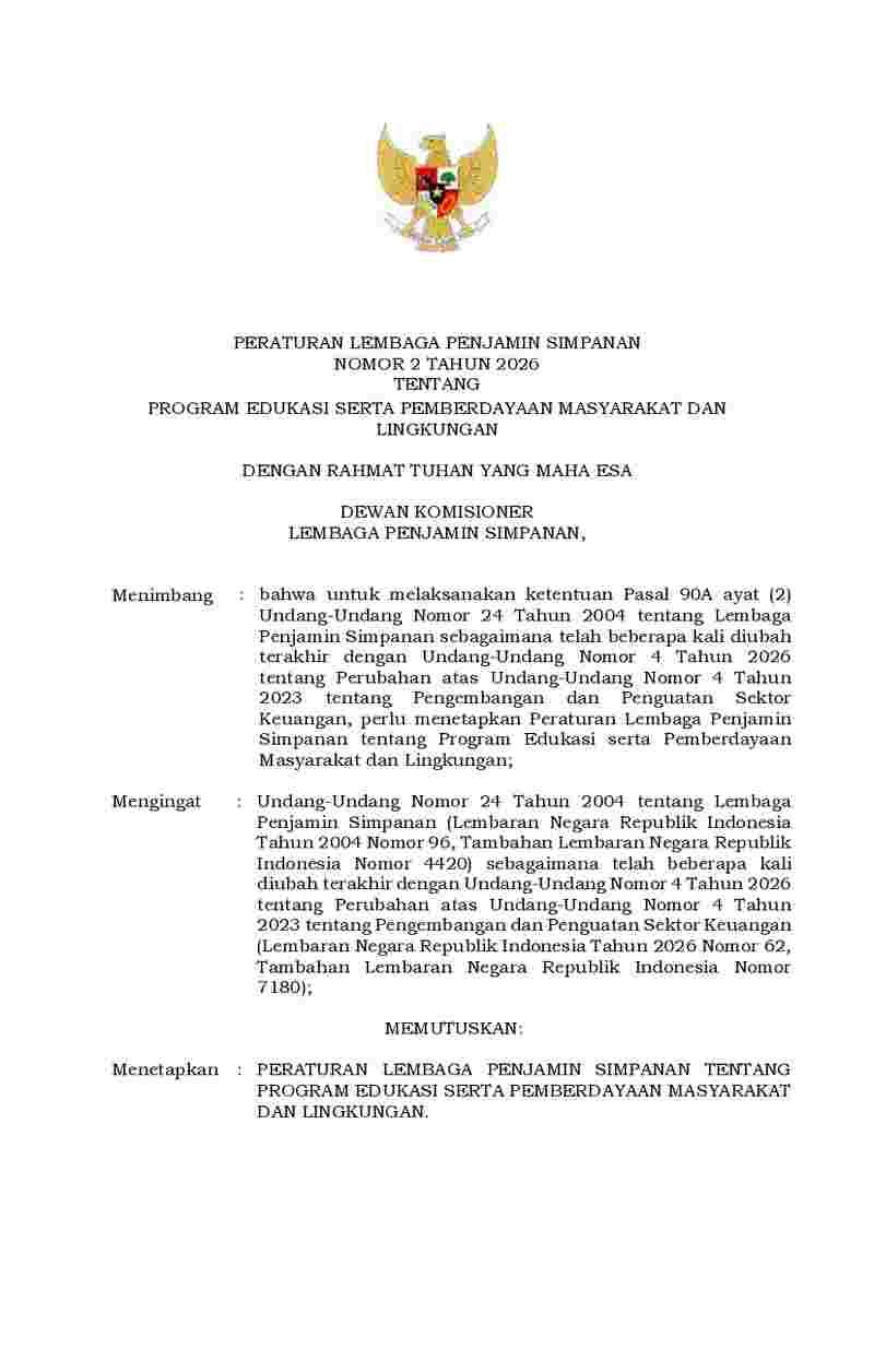 Peraturan Lembaga Penjamin Simpanan No 2 tahun 2026 tentang Program Edukasi serta Pemberdayaan Masyarakat dan Lingkungan