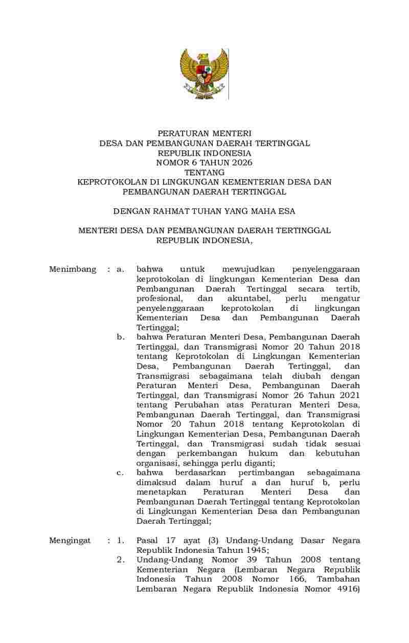 Peraturan Menteri Desa dan Pembangunan Daerah Tertinggal No 6 tahun 2026 tentang Keprotokolan di Lingkungan Kementerian Desa dan Pembangunan Daerah Tertinggal