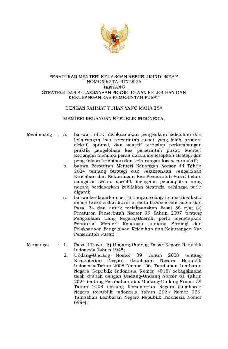 Peraturan Menteri Keuangan No 67 tahun 2026 tentang Strategi dan Pelaksanaan Pengelolaan Kelebihan dan Kekurangan Kas Pemerintah Pusat