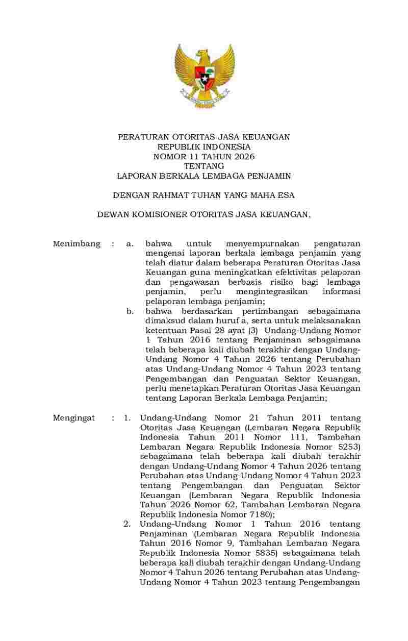 Peraturan Otoritas Jasa Keuangan (OJK) No 11 tahun 2026 tentang Laporan Berkala Lembaga Penjamin
