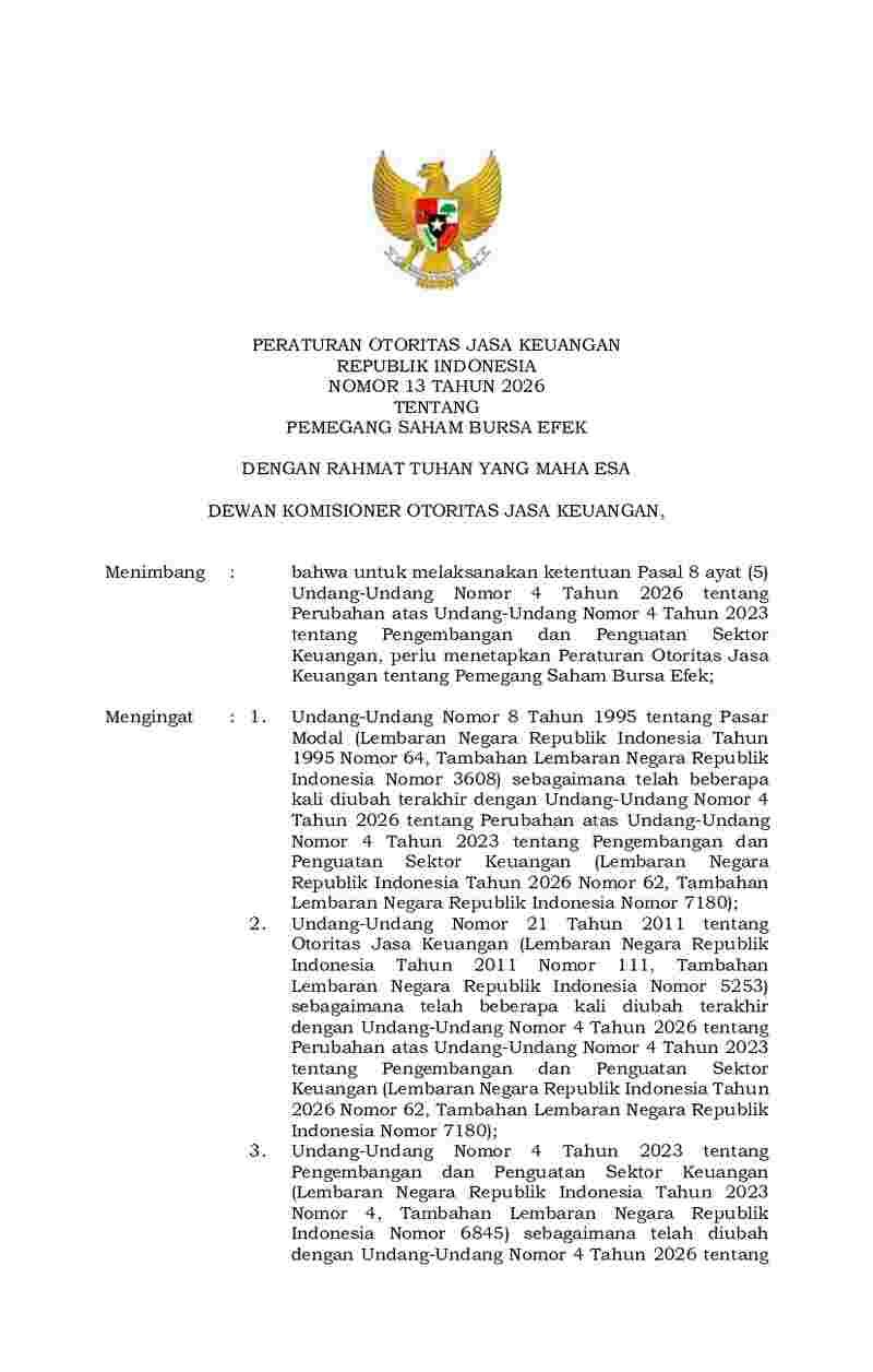 Peraturan Otoritas Jasa Keuangan (OJK) No 13 tahun 2026 tentang Pemegang Saham Bursa Efek