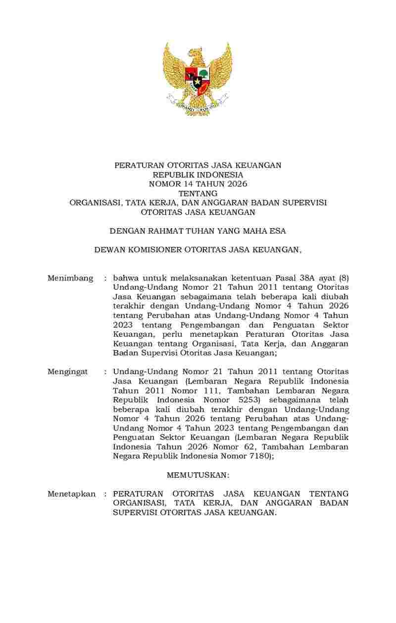 Peraturan Otoritas Jasa Keuangan (OJK) No 14 tahun 2026 tentang Organisasi, Tata Kerja, dan Anggaran Badan Supervisi Otoritas Jasa Keuangan