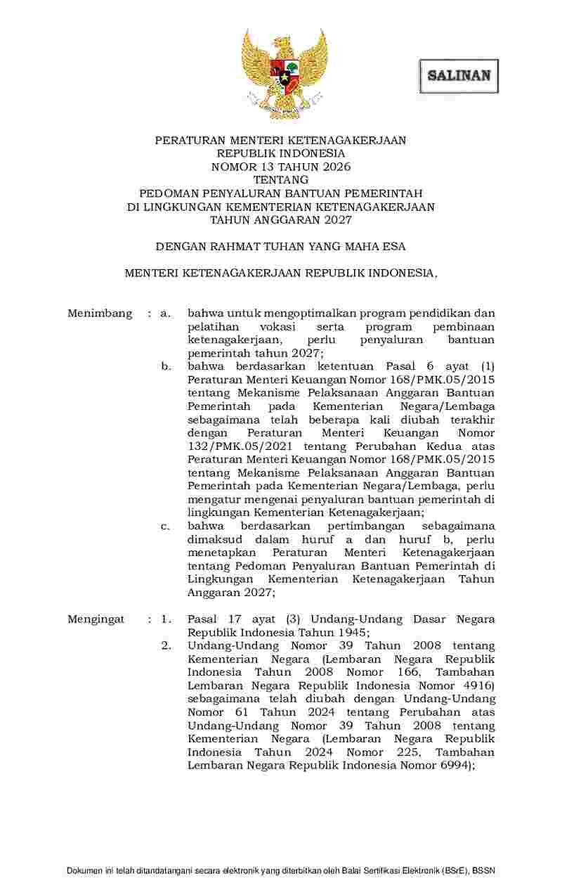 Peraturan Menteri Ketenagakerjaan No 13 tahun 2026 tentang Pedoman Penyaluran Bantuan Pemerintah di Lingkungan Kementerian Ketenagakerjaan Tahun Anggaran 2027