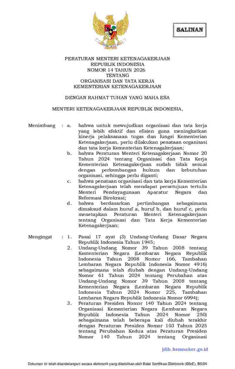 Peraturan Menteri Ketenagakerjaan No 14 tahun 2026 tentang Organisasi dan Tata Kerja Kementerian Ketenagakerjaan