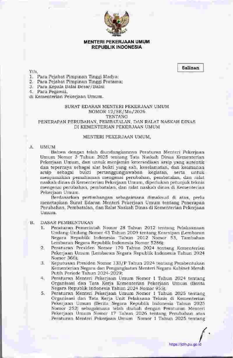 Surat Edaran Menteri Pekerjaan Umum No 12/SE/Mn/2026 tahun 2026 tentang Penerapan Perubahan, Pembatalan, dan Ralat Naskah Dinas di Kementerian Pekerjaan Umum