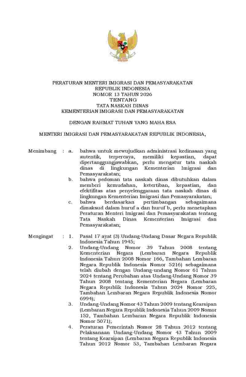 Peraturan Menteri Imigrasi dan Pemasyarakatan No 13 tahun 2026 tentang Tata Naskah Dinas Kementerian Imigrasi dan Pemasyarakatan