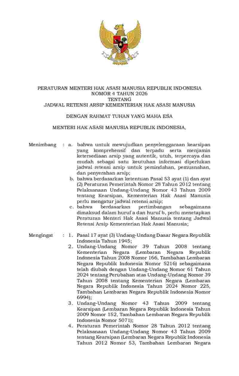 Peraturan Menteri Hak Asasi Manusia No 4 tahun 2026 tentang Jadwal Retensi Arsip Kementerian Hak Asasi Manusia