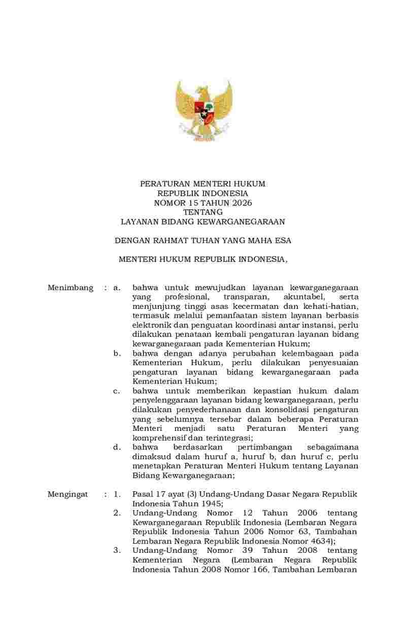 Peraturan Menteri Hukum No 15 tahun 2026 tentang Layanan Bidang Kewarganegaraan