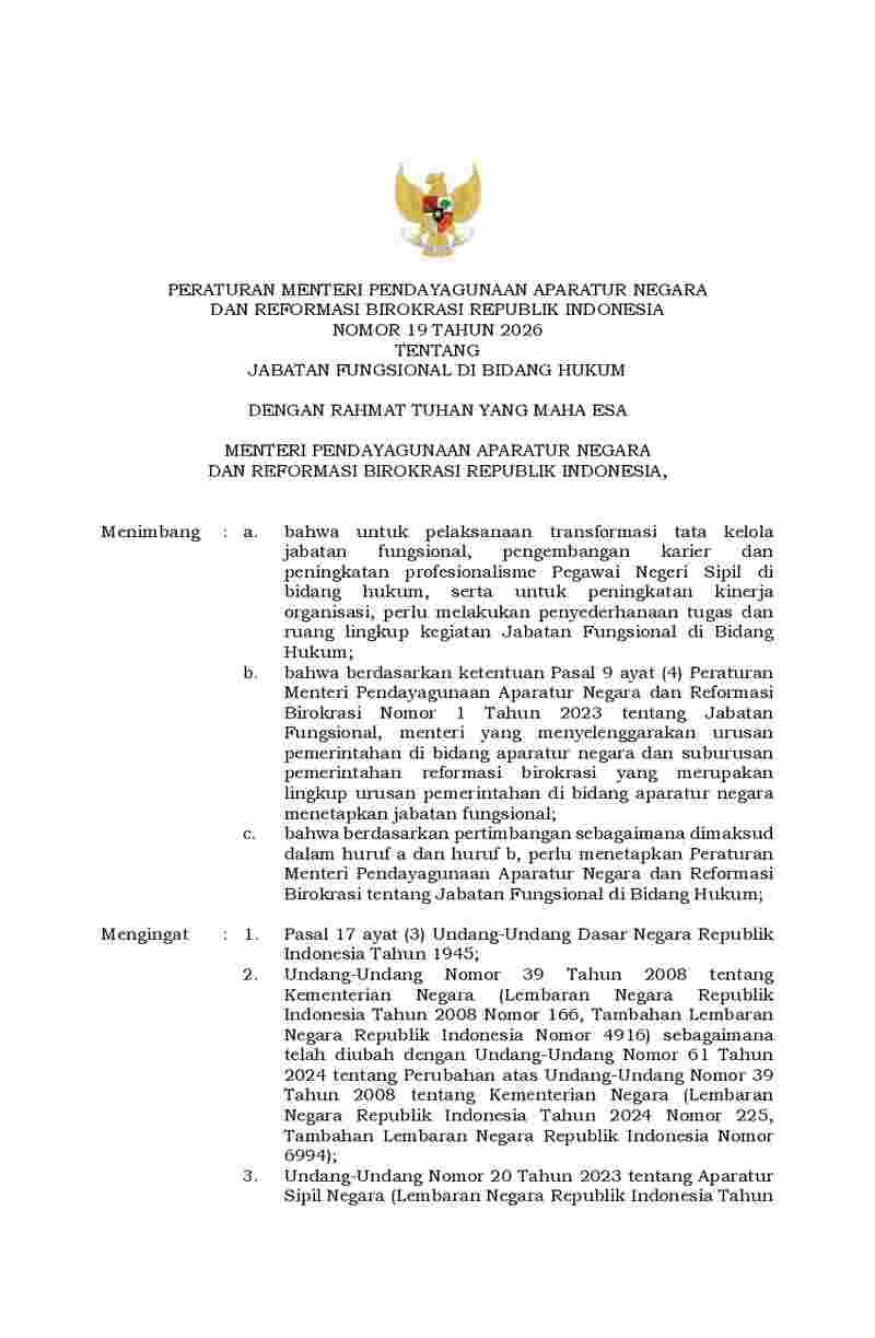 Peraturan Menteri Negara Pendayagunaan Aparatur Negara dan Reformasi Birokrasi No 19 tahun 2026 tentang Jabatan Fungsional di Bidang Hukum 