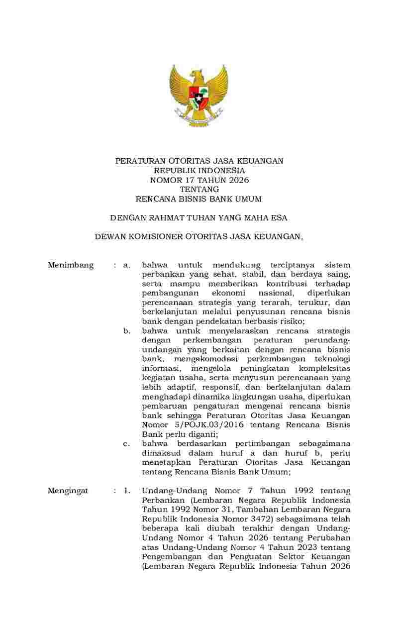 Peraturan Otoritas Jasa Keuangan (OJK) No 17 tahun 2026 tentang Rencana Bisnis Bank Umum