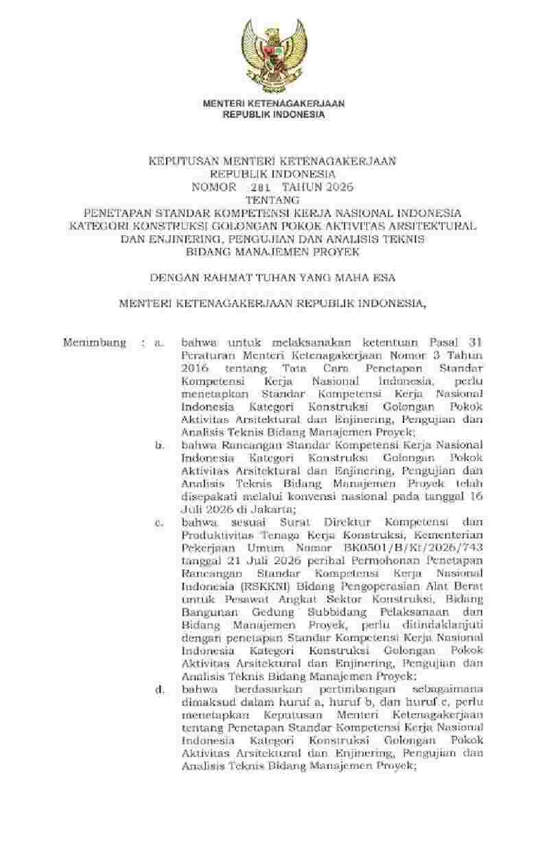 Keputusan Menteri Ketenagakerjaan No 281 tahun 2026 tentang Penetapan Standar Kompetensi Kerja Nasional Indonesia Kategori Konstruksi Golongan Pokok Aktivitas Arsitektural dan Enjinering, Pengujian dan Analisis Teknis Bidang Manajemen Proyek