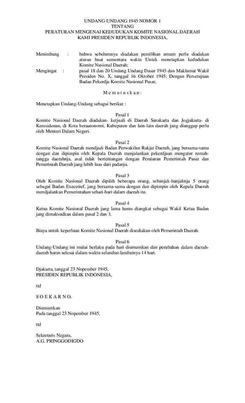 Undang Undang No 1 tahun 1945 tentang Peraturan Mengenai Kedudukan Komite Nasional Daerah