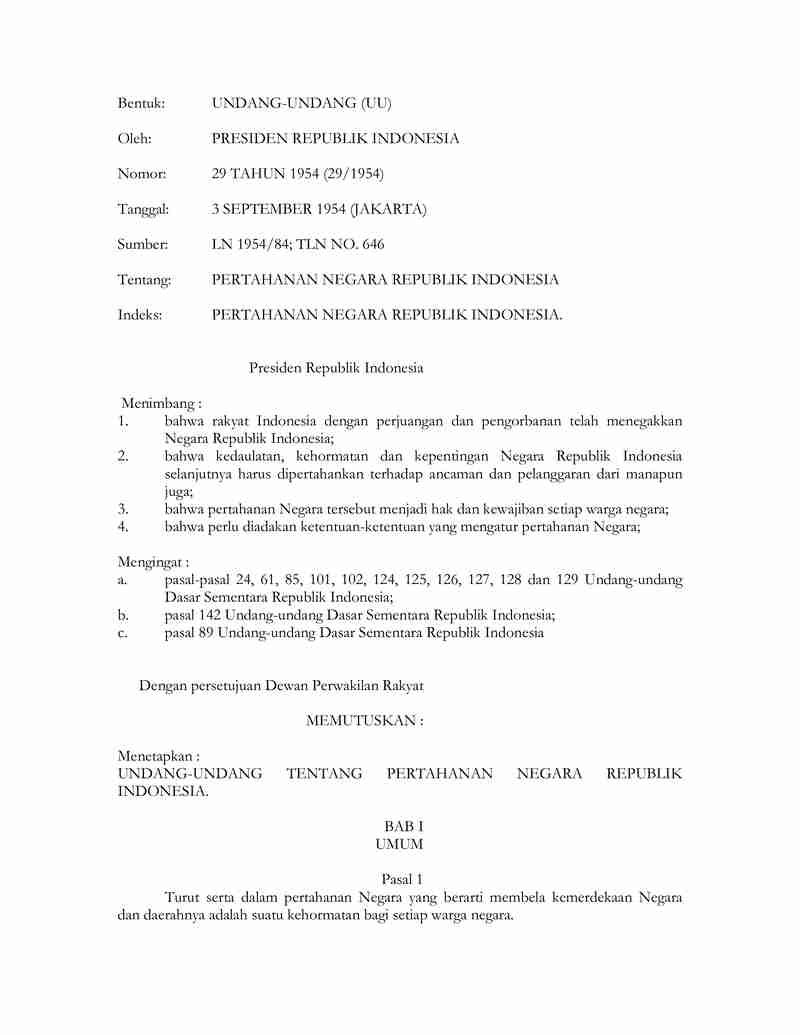 Undang Undang No 29 tahun 1954 tentang Pertahanan Negara Republik Indonesia