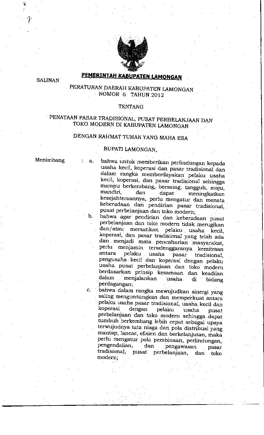 Peraturan Daerah Kabupaten Lamongan No 6 tahun 2012 tentang Penataan Pasar Tradisional, Pusat Perbelanjaan Dan Toko Modern Di Kabupaten Lamongan