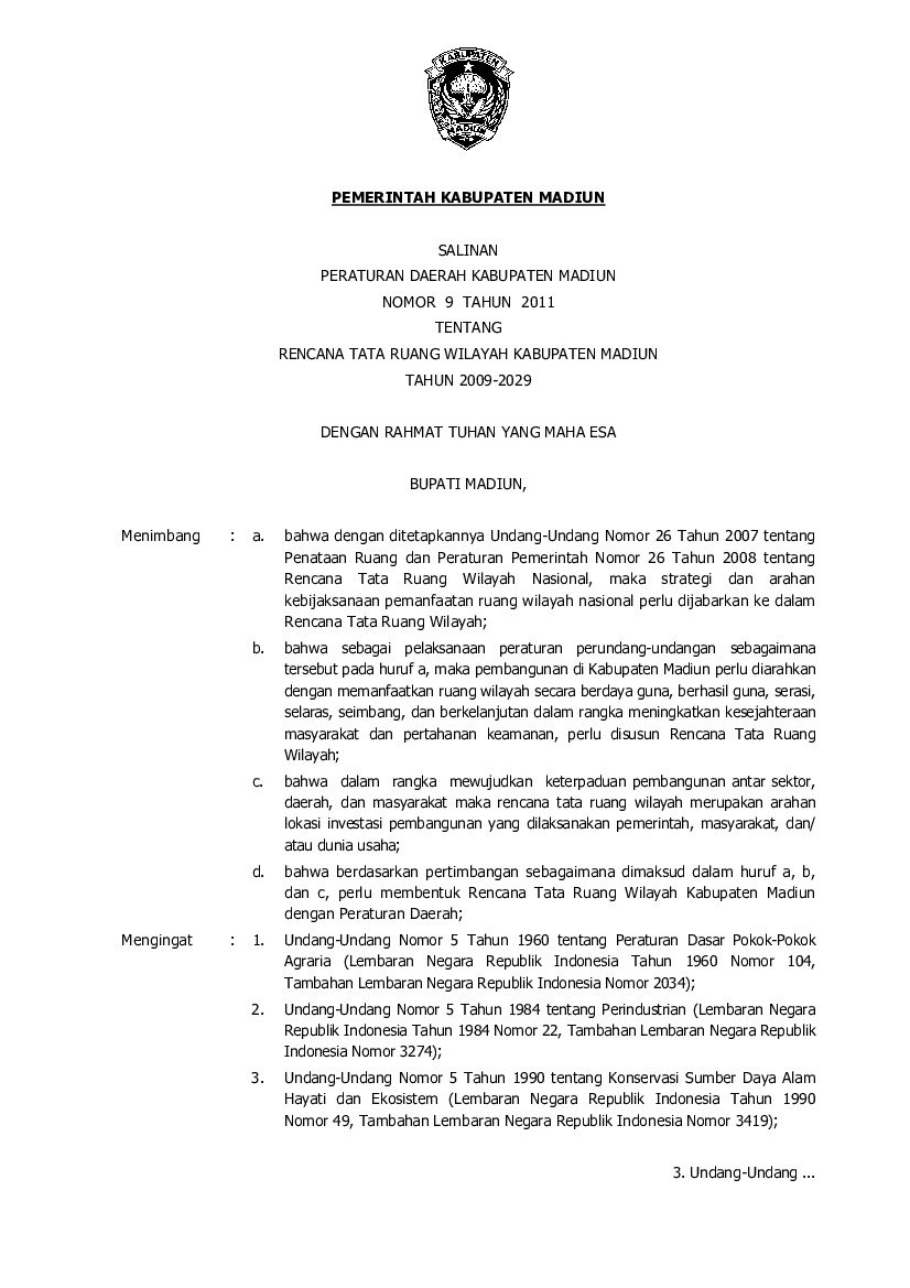 Peraturan Daerah Kabupaten Madiun No 9 tahun 2011 tentang Rencana Tata Ruang Wilayah Kabupaten Madiun Tahun 2009-2029