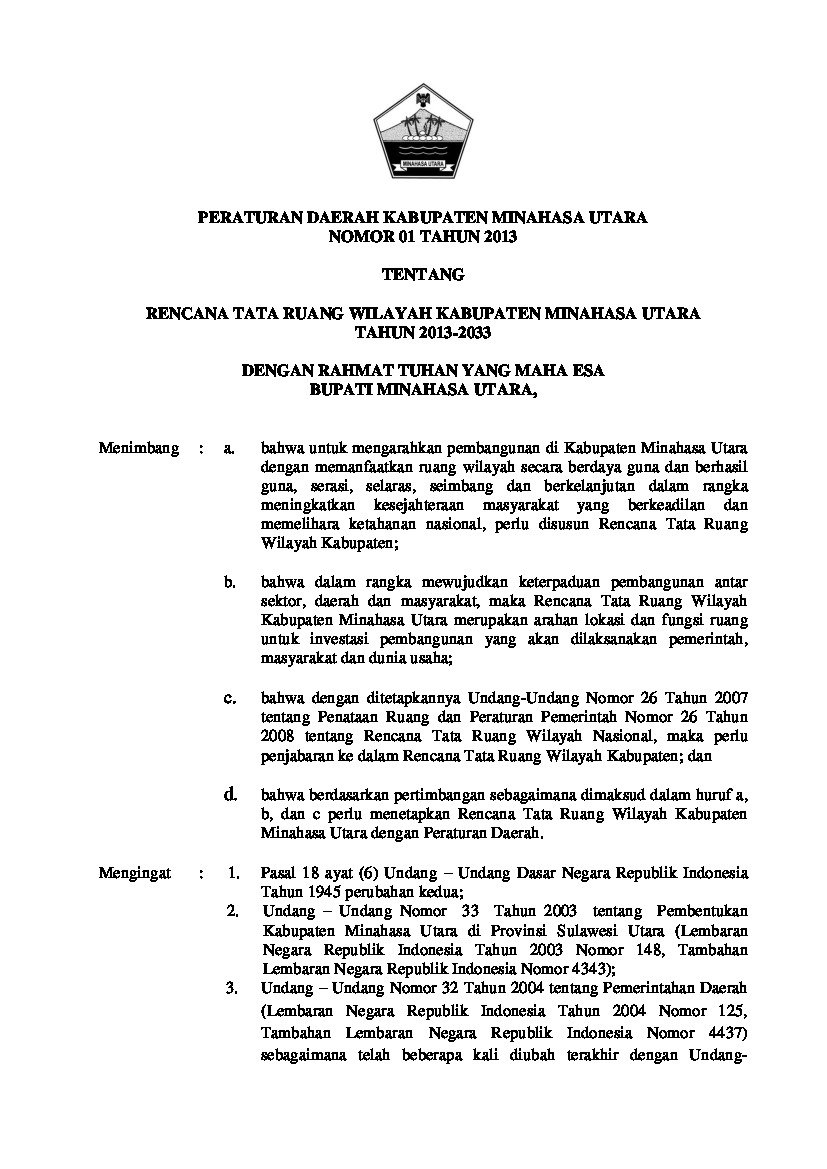 Peraturan Daerah Kabupaten Minahasa Utara No 1 tahun 2013 tentang Rencana Tata Ruang Wilayah Kabupaten Minahasa Utara Tahun 2013-2033