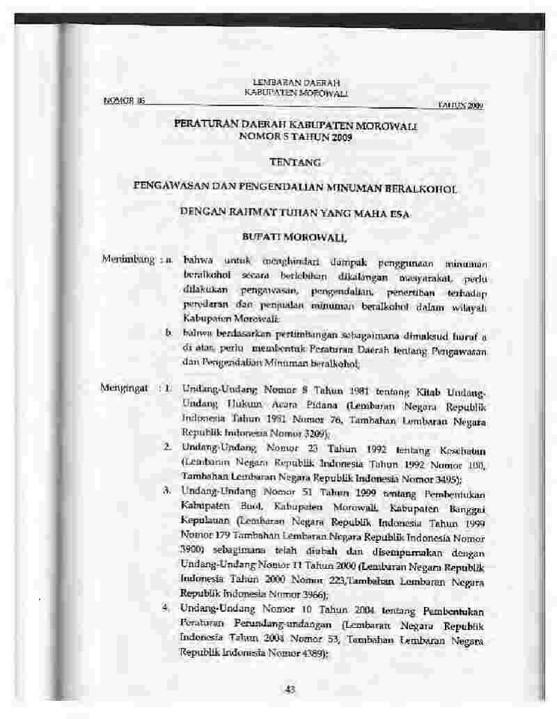 Peraturan Daerah Kabupaten Morowali No 5 tahun 2009 tentang Pengawasan Dan Pengendalian Minuman Beralkohol