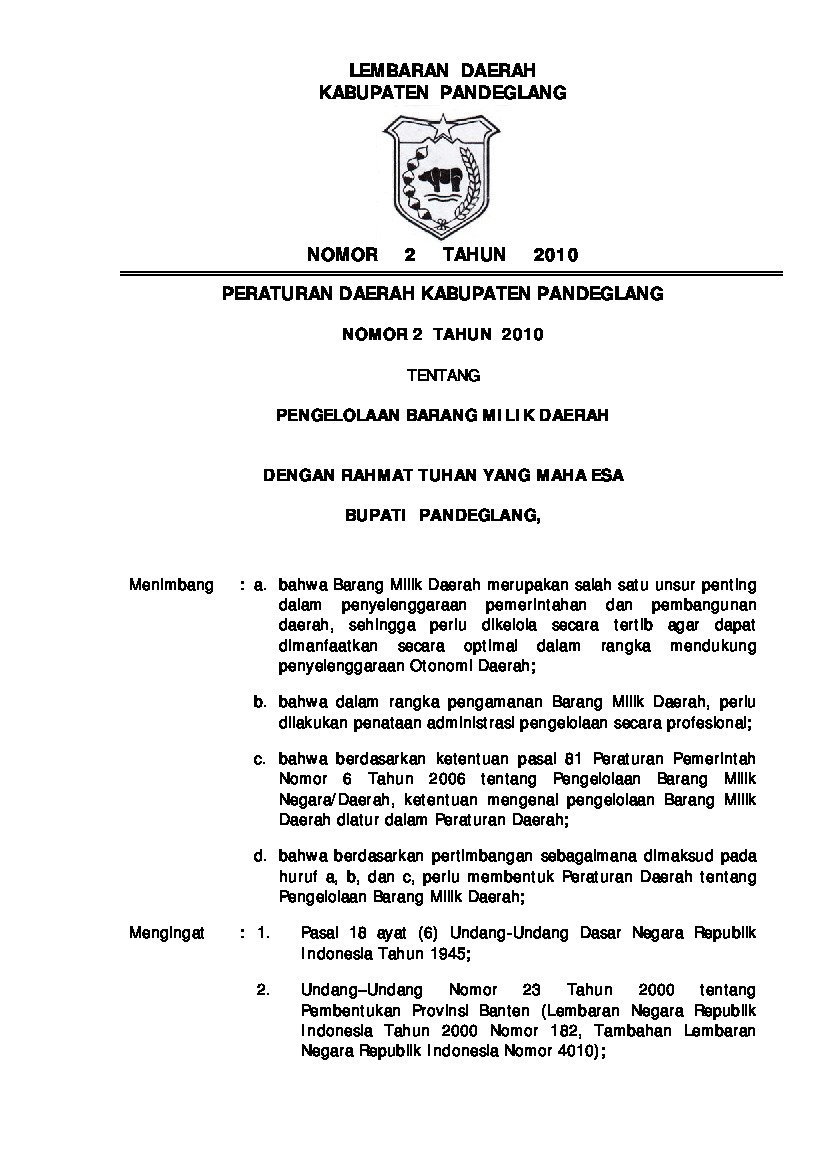 Peraturan Daerah Kabupaten Pandeglang No 2 tahun 2010 tentang Pengelolaan Barang Milik Daerah