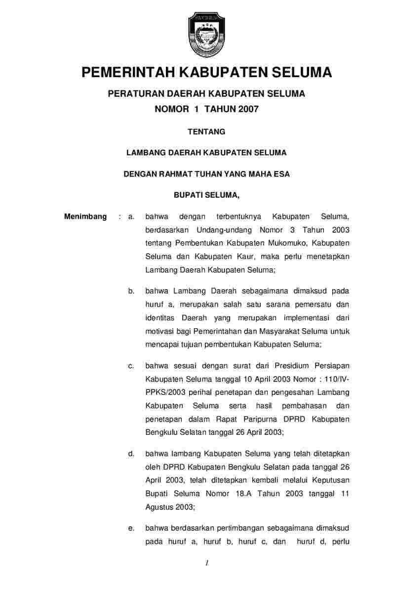 Peraturan Daerah Kabupaten Seluma No 1 tahun 2007 tentang Lambang Daerah Kabupaten Seluma