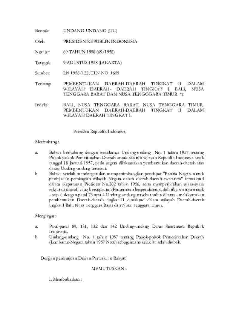 Undang Undang No 69 tahun 1958 tentang Pembentukan Daerah-Daerah Tingkat II Dalam Wilayah Daerah- Daerah Tingkat I Bali, Nusa Tenggara Barat Dan Nusa Tenggara Timur