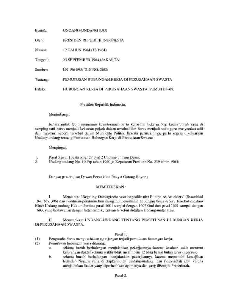 Undang Undang No 12 tahun 1964 tentang Pemutusan Hubungan Kerja Di Perusahaan Swasta