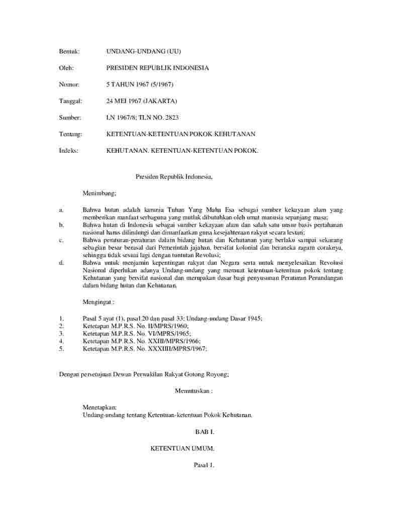 Undang Undang No 5 tahun 1967 tentang Ketentuan-Ketentuan Pokok Kehutanan