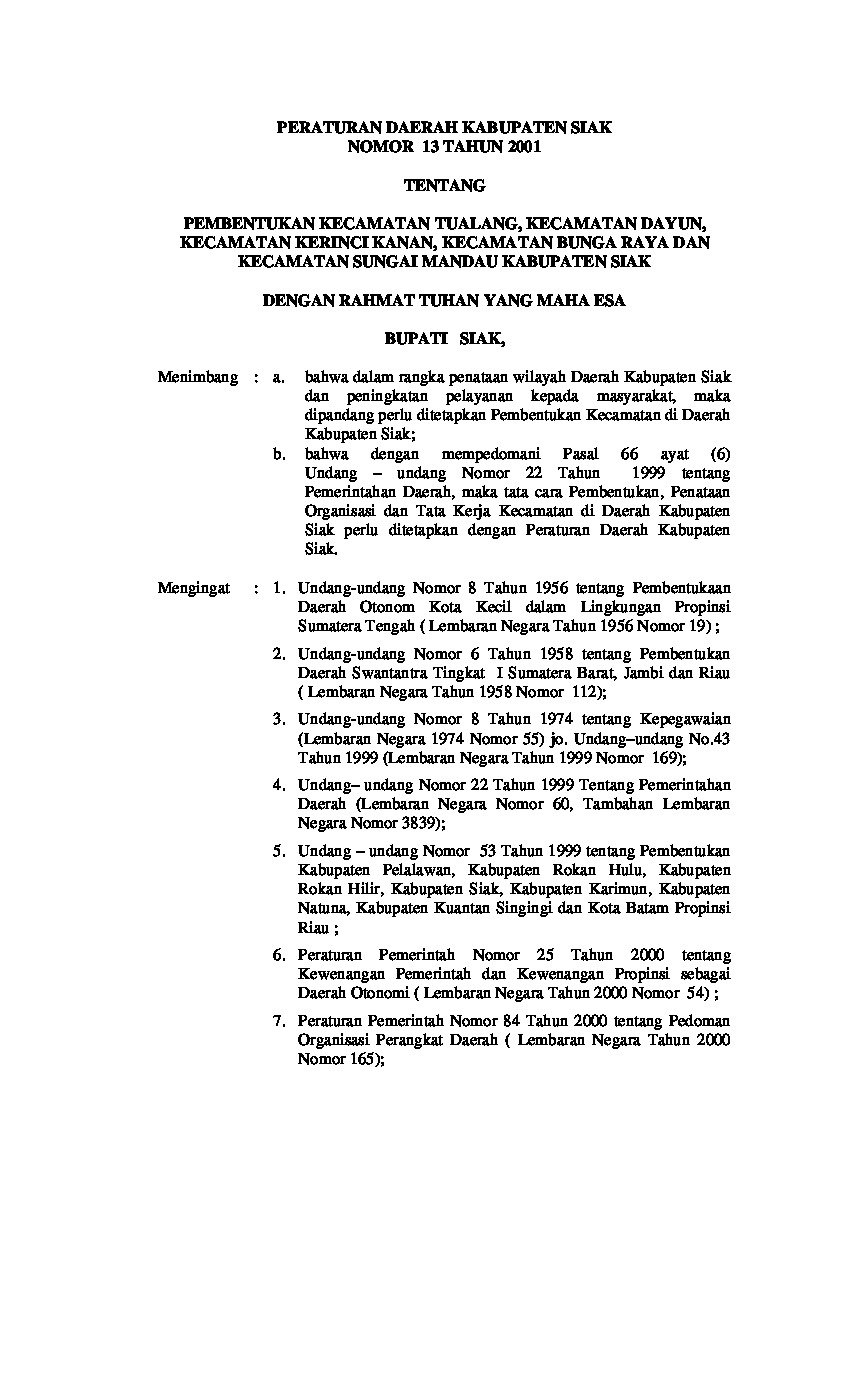 Peraturan Daerah Kab Siak No 13 Tahun 2001 Tentang Pembentukan