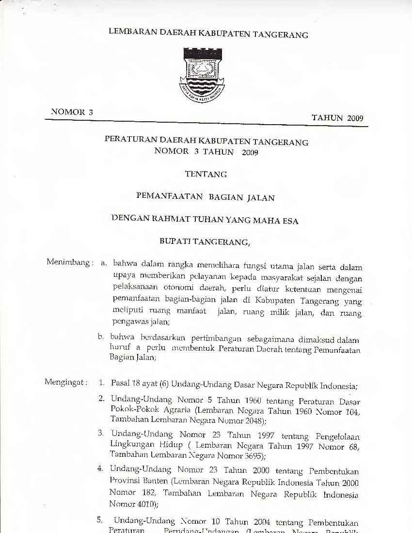 Peraturan Daerah Kabupaten Tangerang No 3 tahun 2009 tentang Pemanfaatan Bagian Jalan