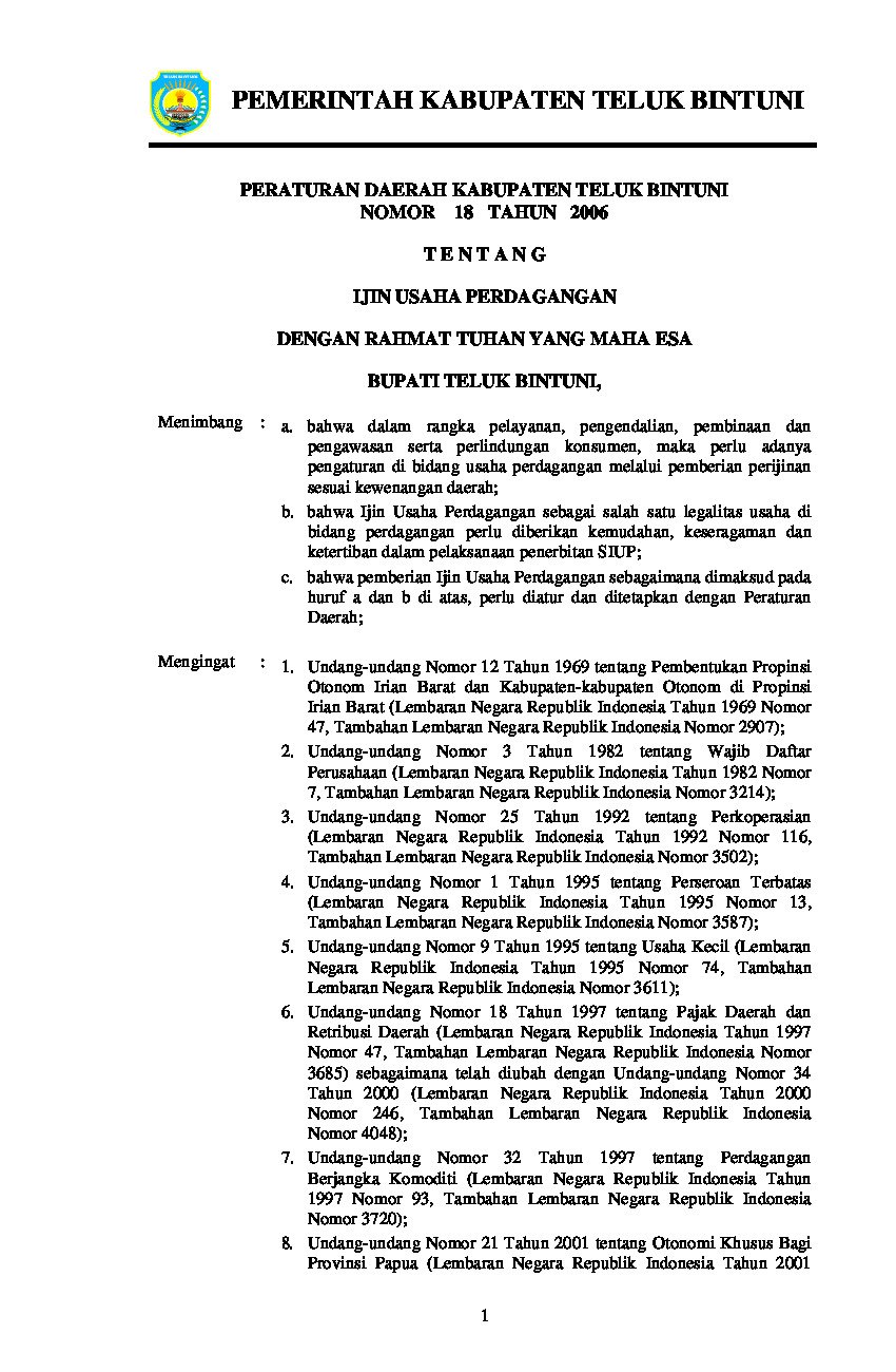 Peraturan Daerah Kabupaten Teluk Bintuni No 18 tahun 2006 tentang Ijin Usaha Perdagangan