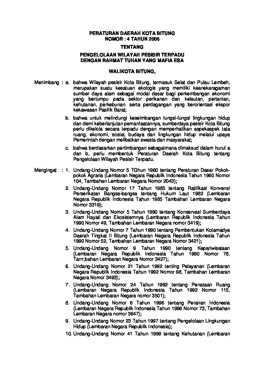 Peraturan Daerah Kota Bitung No 4 tahun 2006 tentang Pengelolaan Wilayah Pesisir Terpadu