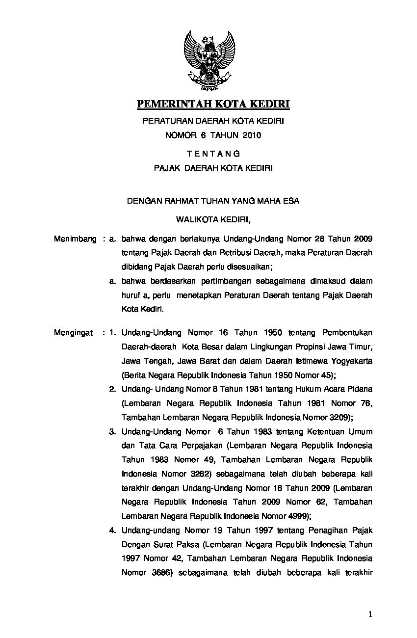 Peraturan Daerah Kota Kediri No 6 tahun 2010 tentang Pajak Daerah Kota Kediri
