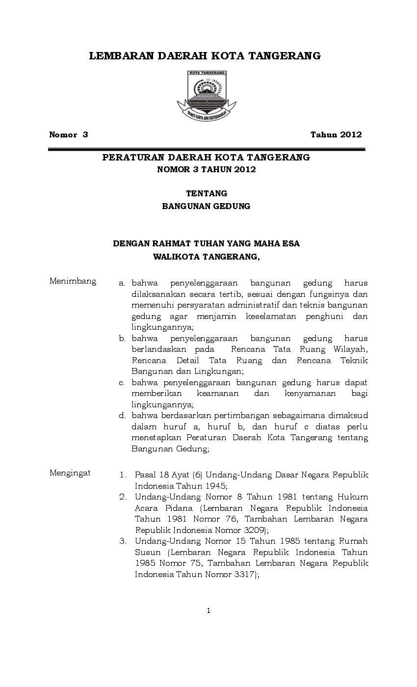 Peraturan Daerah Kota Tangerang No 3 tahun 2012 tentang Bangunan Gedung