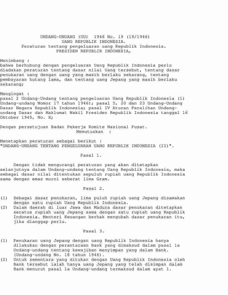 Undang Undang No 19 tahun 1946 tentang Peraturan Tentang Pengeluaran Uang Republik Indonesia