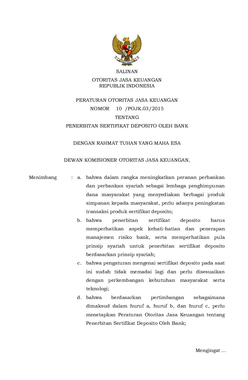 Peraturan Otoritas Jasa Keuangan (OJK) No 10/POJK.03/2015 tahun 2015 tentang Penerbitan Sertifikat Deposito Oleh Bank