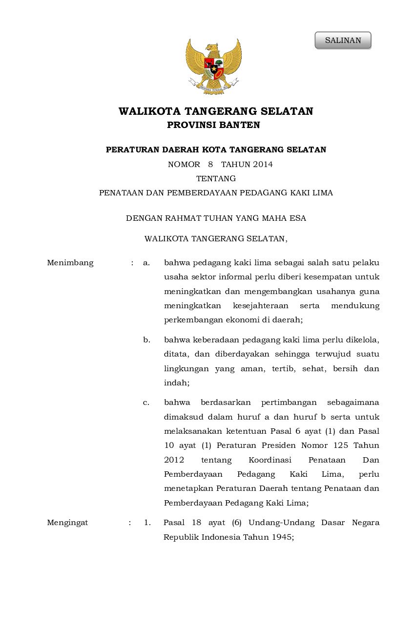 Peraturan Daerah Kota Tangerang Selatan No 8 tahun 2014 tentang Penataan Dan Pemberdayaan Pedagang Kaki Lima