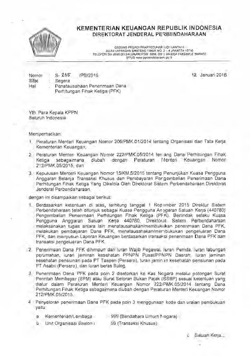 Surat dirjen perbendaharaan no s 235 pb 2016 tahun 2016 tentang
