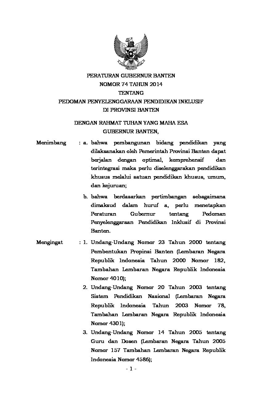 Peraturan Gubernur Banten No 74 tahun 2014 tentang Pedoman Penyelenggaraan Pendidikan Inklusif Di Provinsi Banten