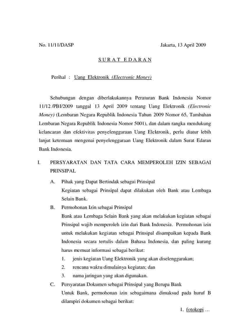 Surat Edaran Bank Indonesia (BI) No 11/11/DASP tahun 2009 tentang Uang Elektronik (Electronic Money)