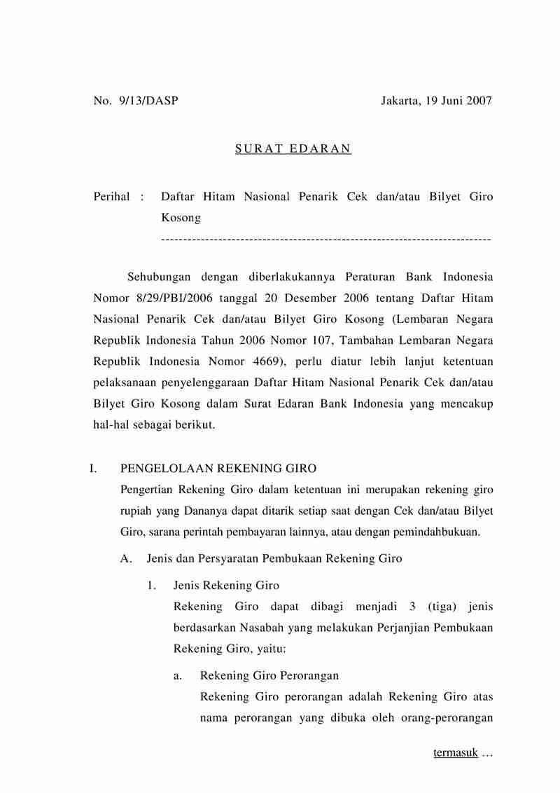 Surat Edaran Bank Indonesia (BI) No 9/13/DASP tahun 2007 tentang Daftar Hitam Nasional Penarik Cek dan/atau Bilyet Giro Kosong