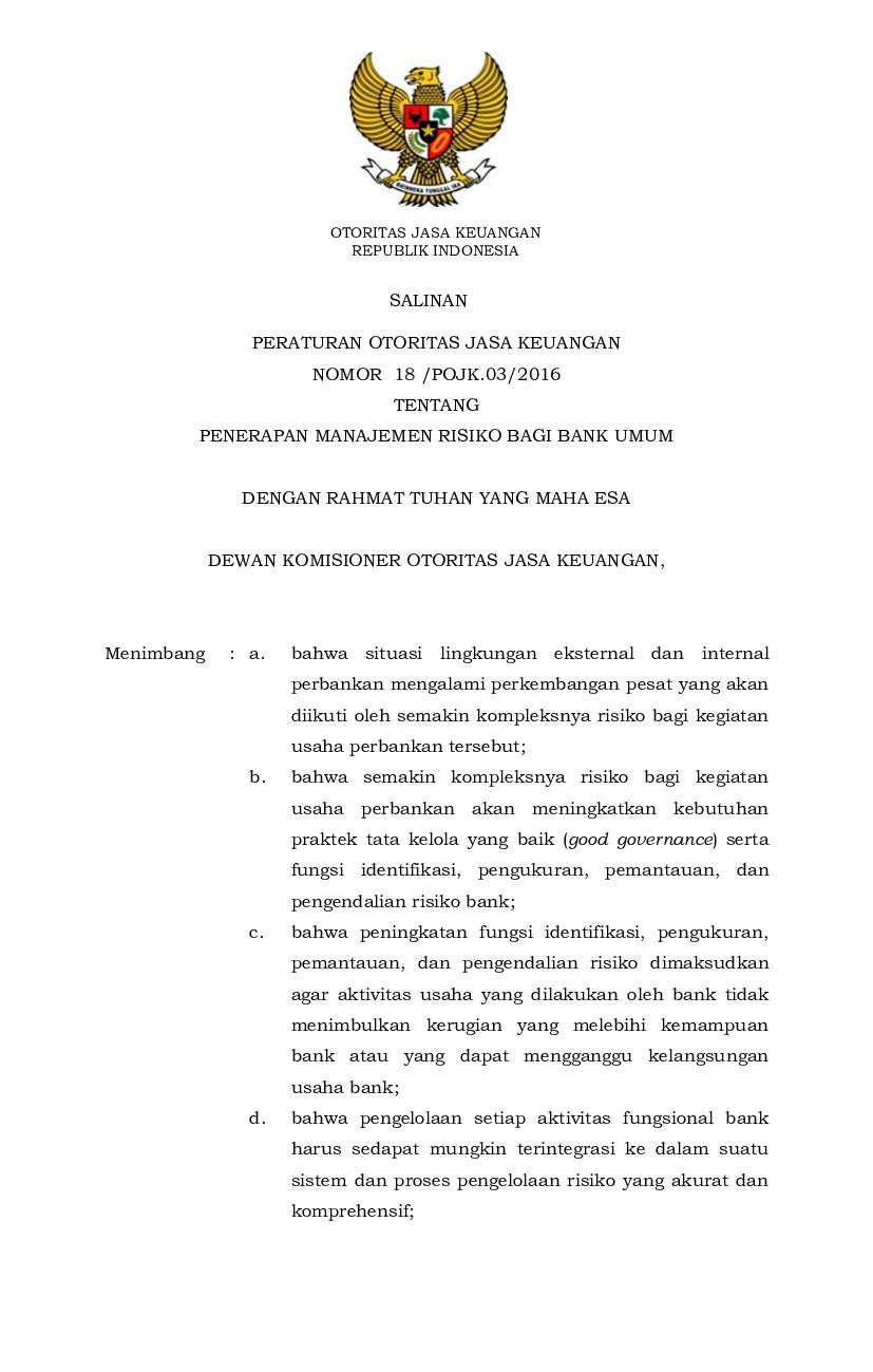 Peraturan Otoritas Jasa Keuangan (OJK) No 18/POJK.03/2016 tahun 2016 tentang Penerapan Manajemen Risiko Bagi Bank Umum