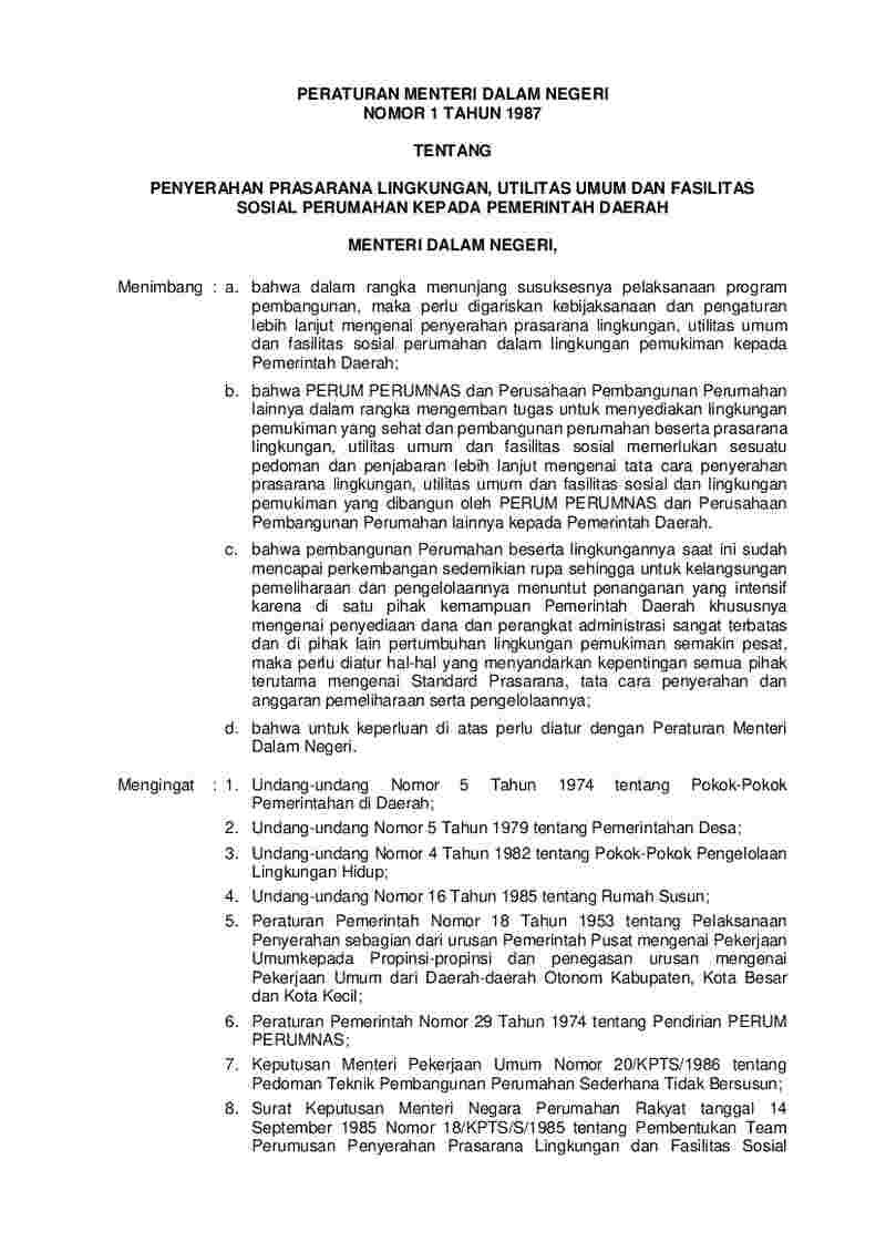 Peraturan Menteri Dalam Negeri No 1 tahun 1987 tentang Penyerahan Prasarana Lingkungan, Utilitas Umum Dan Fasilitas Sosial Perumahan Kepada Pemerintah Daerah